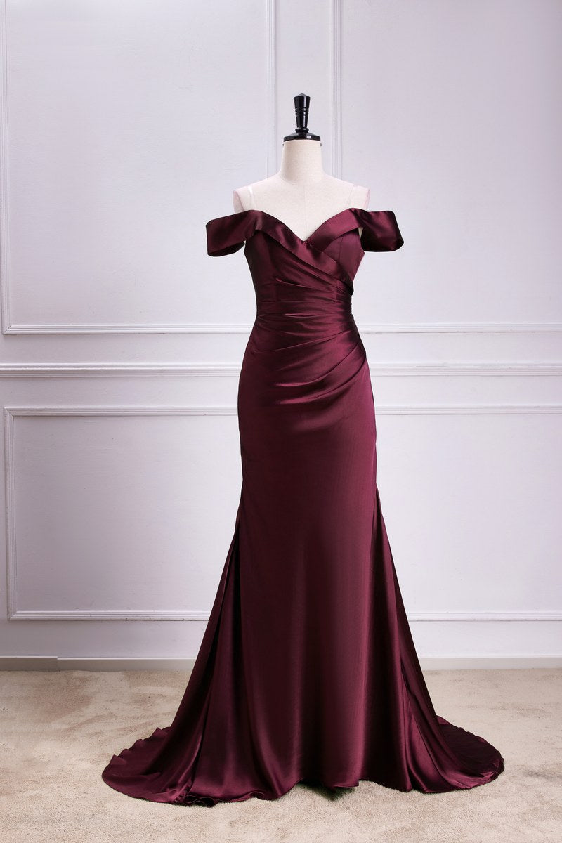 Burgundy Off-The-Shoulder Satin Mermaid Bridesmaid Dress FancyVestido Burgundy Off-The-Shoulder Satin Mermaid Bridesmaid Dress FancyVestido