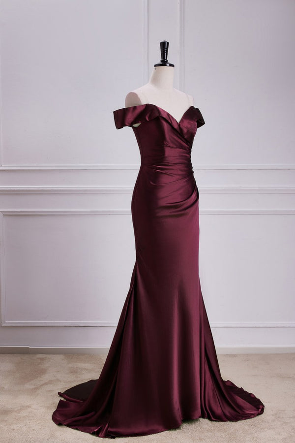 Burgundy Off-The-Shoulder Satin Mermaid Bridesmaid Dress