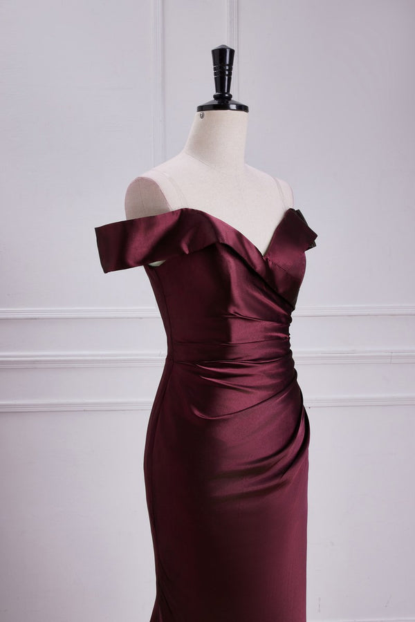Burgundy Off-The-Shoulder Satin Mermaid Bridesmaid Dress