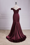 Burgundy Off-The-Shoulder Satin Mermaid Bridesmaid Dress