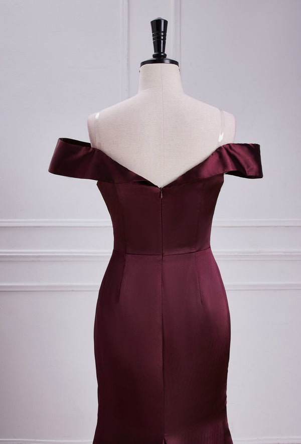 Burgundy Off-The-Shoulder Satin Mermaid Bridesmaid Dress