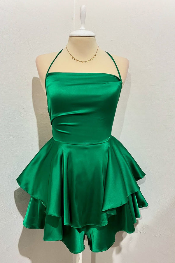 Straps Sage Ruffle A-Line Homecoming Dress with Lace-up
