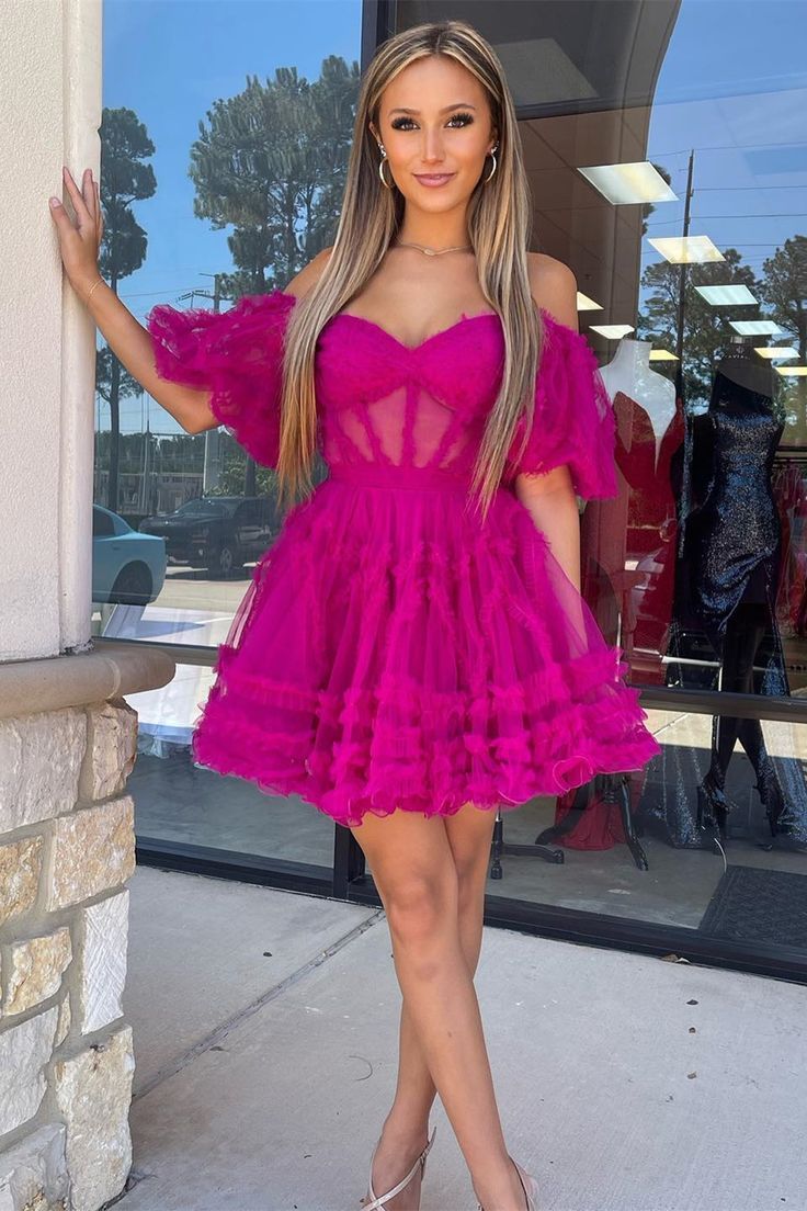 Off the Shoulder Pink Ruffles Tulle Homecoming Dress