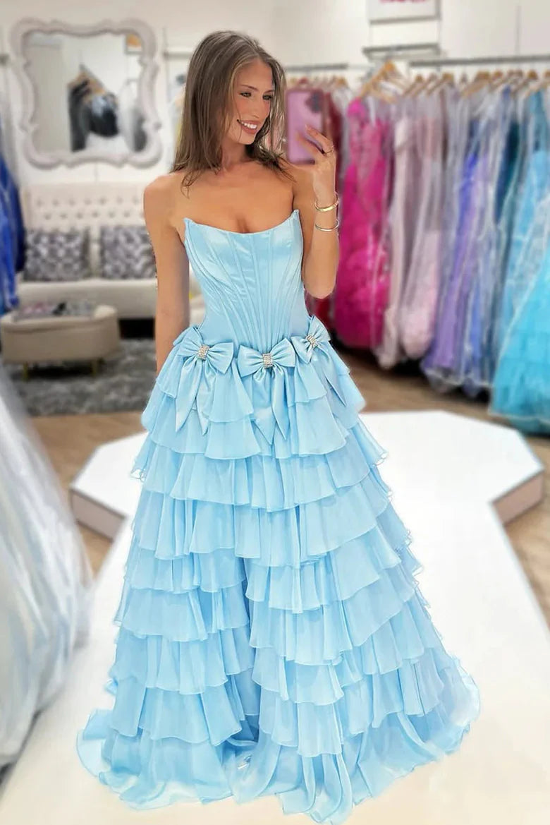 Strapless Ruffle A-Line Slit Prom Dress with 3D Bow