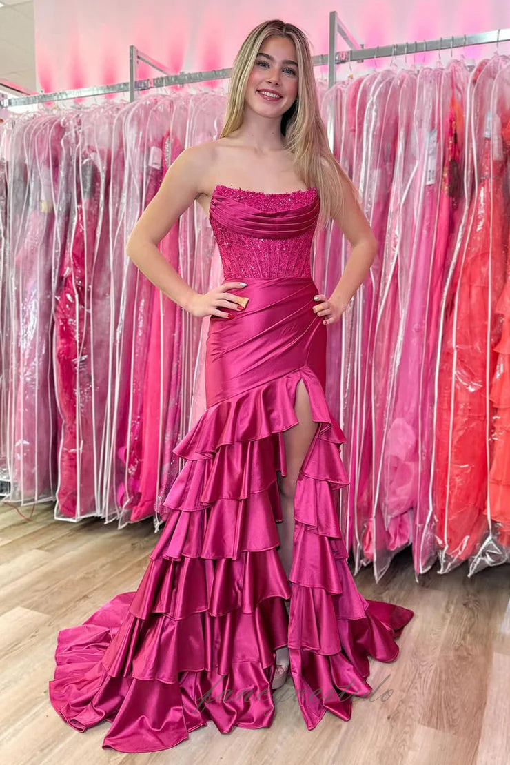 Pink Strapless Applique Ruffle Mermaid Prom Dress with Slit FancyVestido Pink Strapless Applique Ruffle Mermaid Prom Dress with Slit FancyVestido