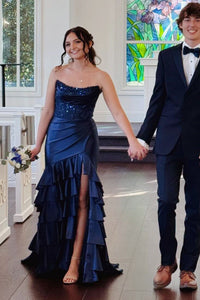 Pink Strapless Applique Ruffle Mermaid Prom Dress with Slit