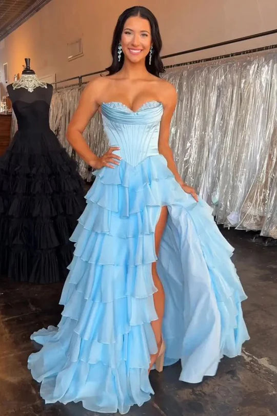 Dark Navy Strapless Pleated Prom Dress with Ruffle FancyVestido Dark Navy Strapless Pleated Prom Dress with Ruffle FancyVestido