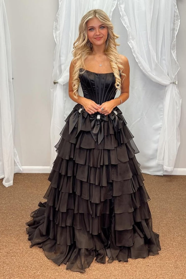Strapless Ruffle A-Line Slit Prom Dress with 3D Bow
