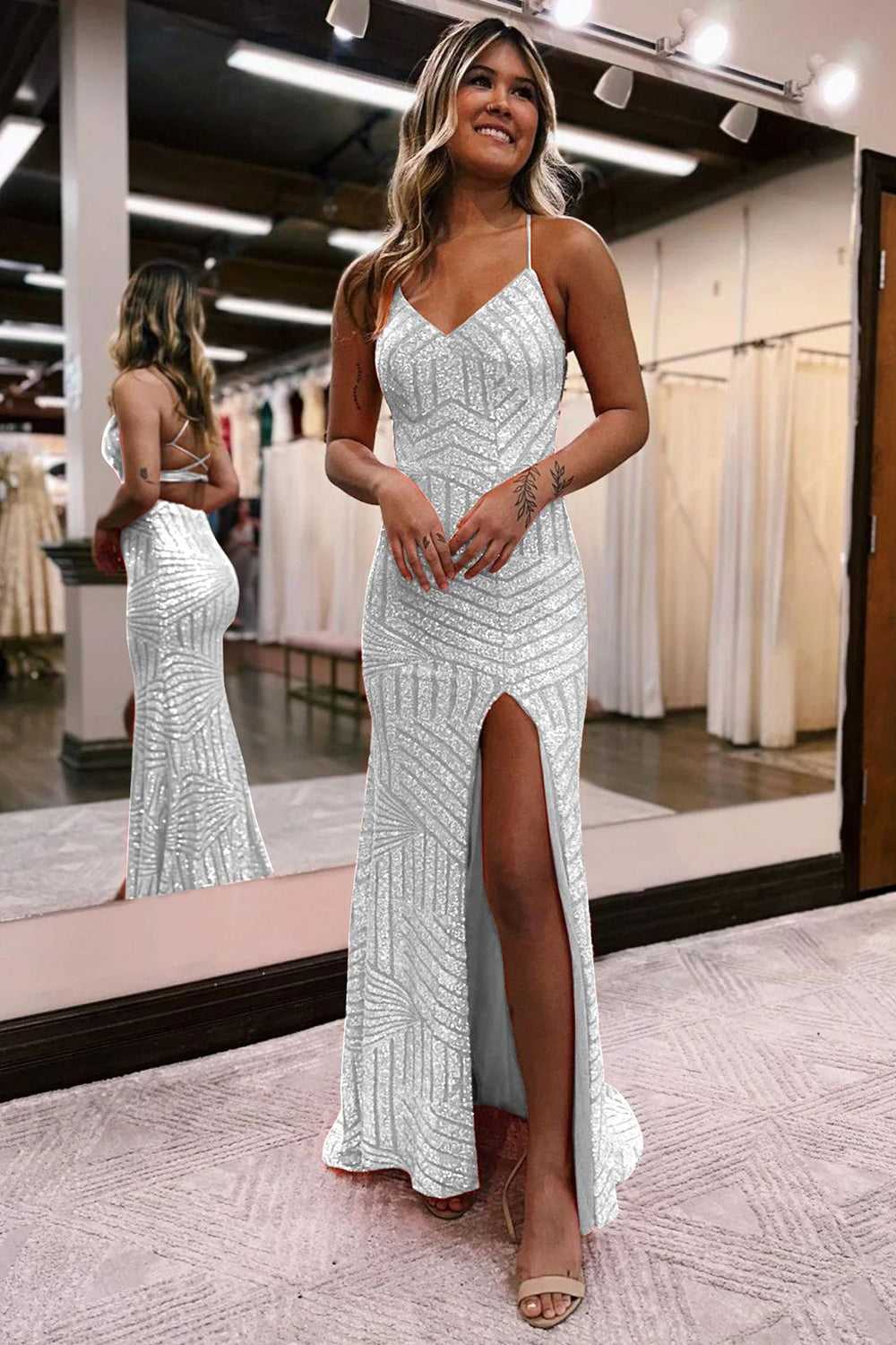 Straps Orange V-Neck Sequin Long Prom Dress with Slit White / Custom Size Straps Orange V-Neck Sequin Long Prom Dress with Slit – FancyVestido