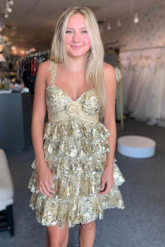 Light Blue Rosette Sequin Baby Doll Short Party Dress