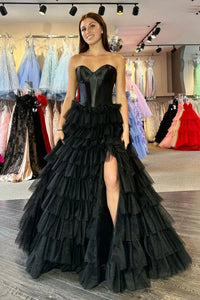 Strapless Black Corset A-Line Layered Prom Dress with Slit