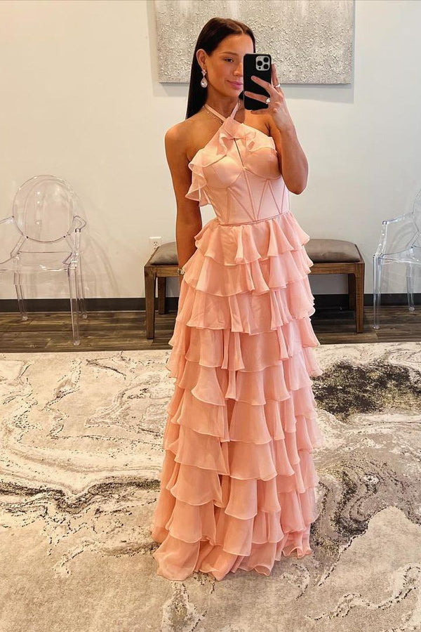 Red Halter Ruffle Tiered Chiffon Prom Dress with Slit