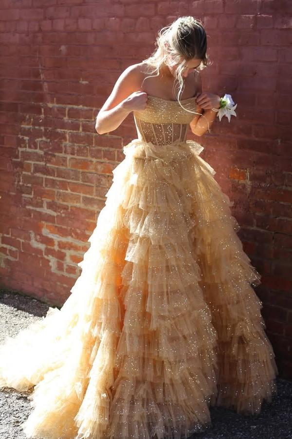 Strapless Gold Layered Tulle Long Formal Dress with Sequins