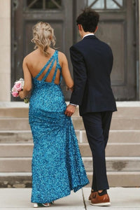 One Shoulder Blue Mermaid Long Prom Dress