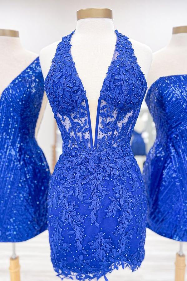 Fitted Halter Appliques Short Homecoming Dress
