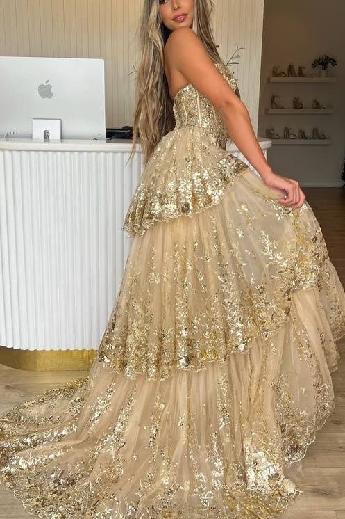 Strapless Applique Sequin Prom Dress with Ruffle Back