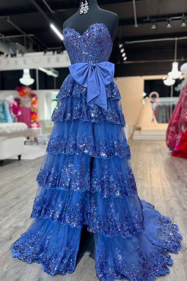 Strapless Applique Ruffle Silt Prom Dress with Bow