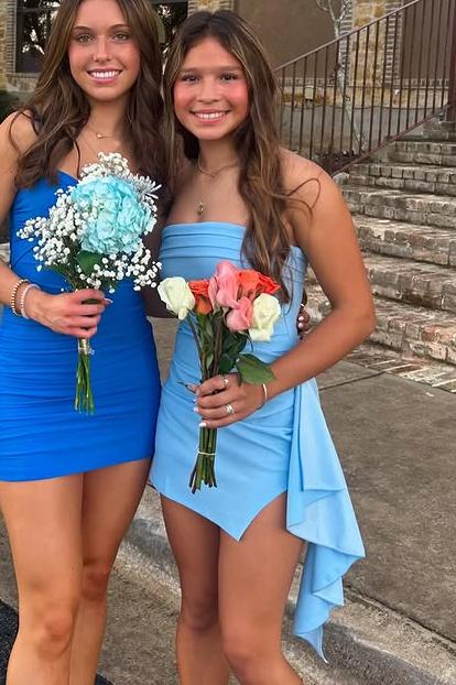 Elegant Strapless Blue Ruffle Bodycon Homecoming Dress