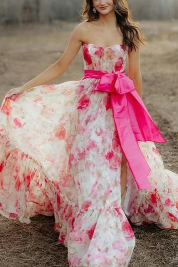 Strapless Lavender Floral Print Long Prom Dress with Bow Sash