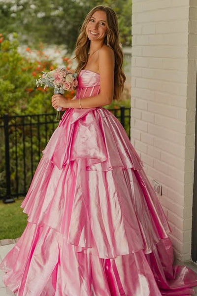 Strapless A-Line Ruffle Prom Dress with Bow