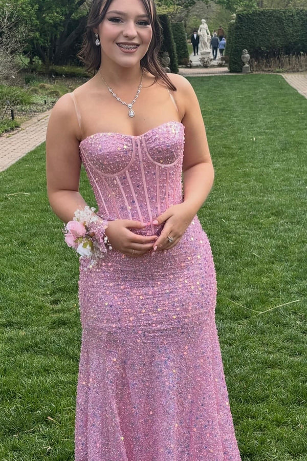 Strapless Blue Sequin Long Mermaid Prom Dress