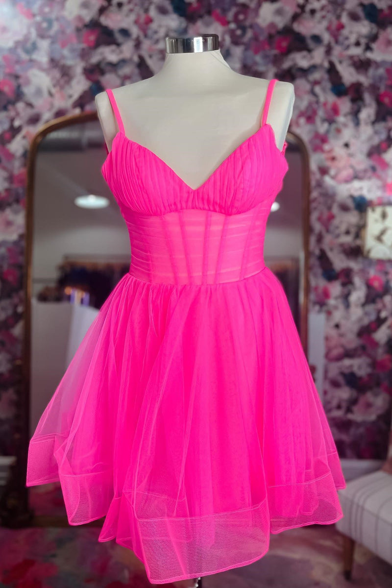 Short A-Line V-Neck Hot Pink Tulle Homecoming Dress