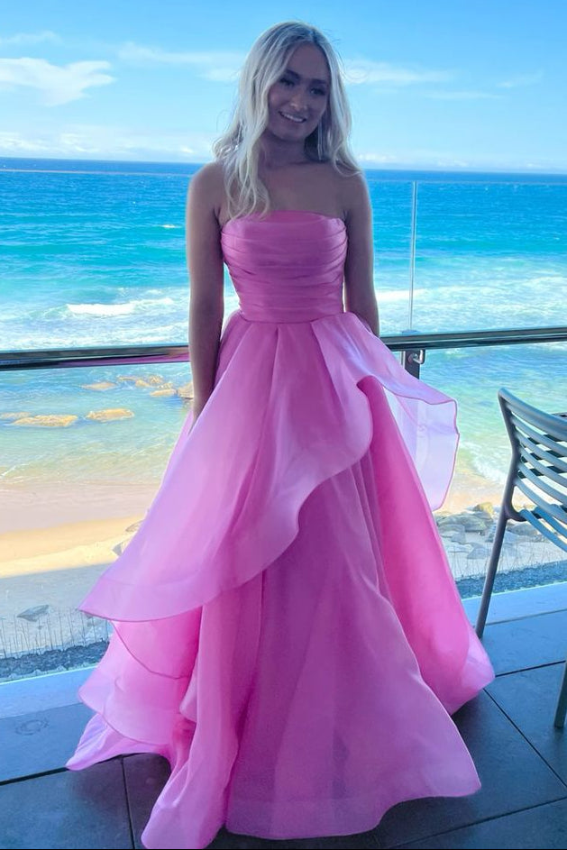 Yellow Strapless Pleated Layered Lace-up Prom Dress with Slit