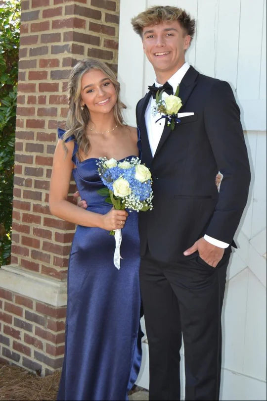 Navy Blue Sweetheart Straps Empire Fitted Ruffle Party Prom Dress