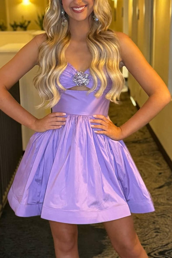 Straps Pleated A-Line Homecoming Dress with Flower