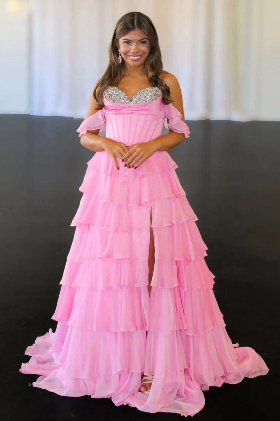Ruffle Off-Shoulder Beaded Top Chiffon A-Line Tiered Party Prom Dress