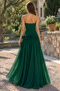 Dark Green Chiffon A-Line Strapless Pleated Ruffle Party Prom Dress