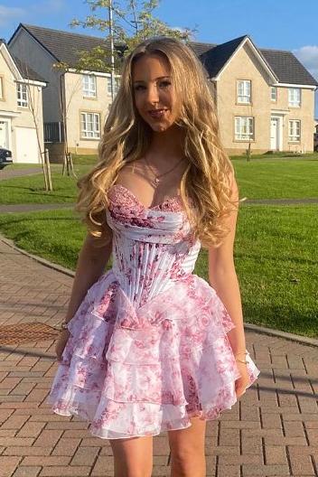 Sweetheart Blue Floral Print Corset Ruffle Homecoming Dress
