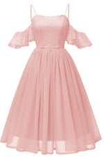 Off the Shoulder Lace Over Chiffon Pink Party Dress