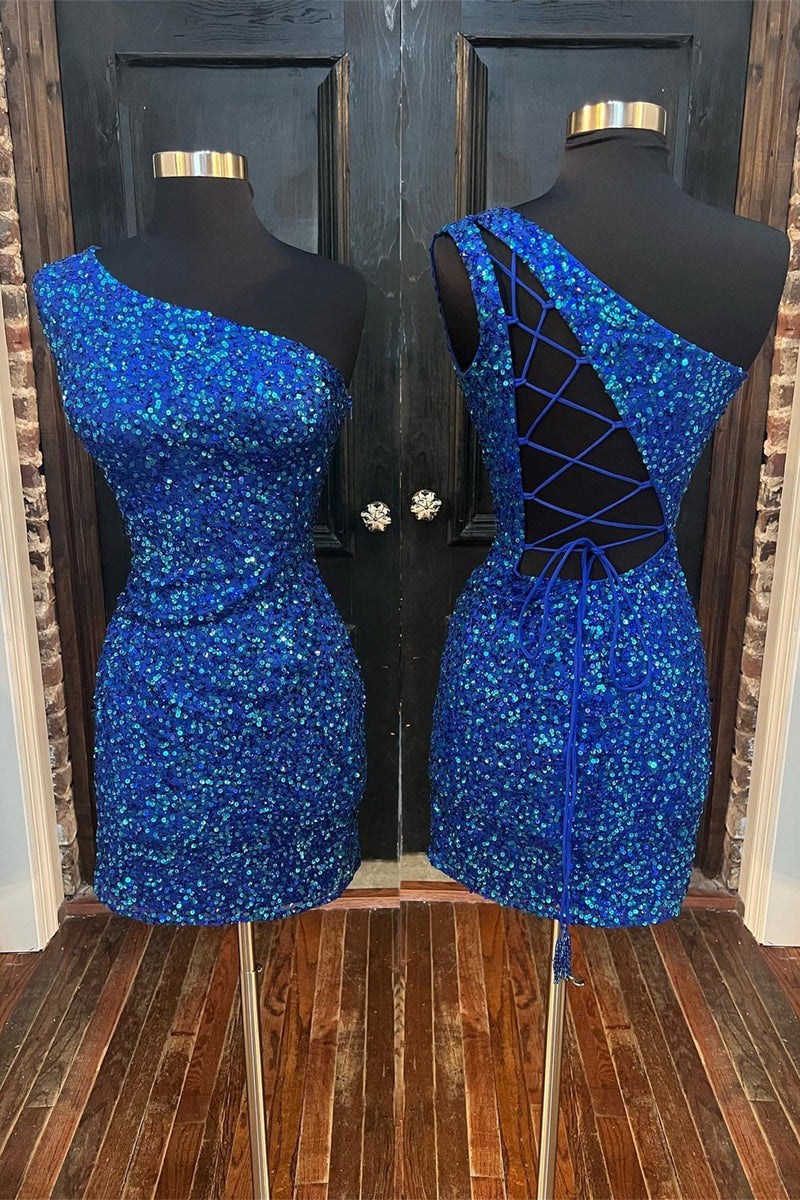 Glitter One Shoulder Royal Blue Sequin Homecoming Dress