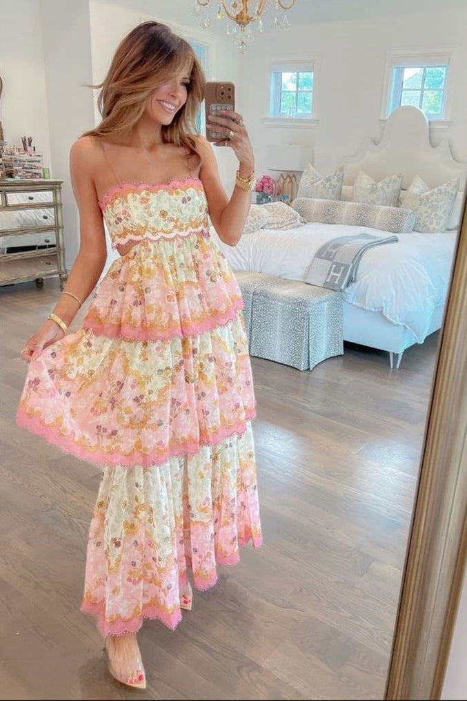 Straps Floral Print Ruffle Long Summer Dress with Lace-up Back