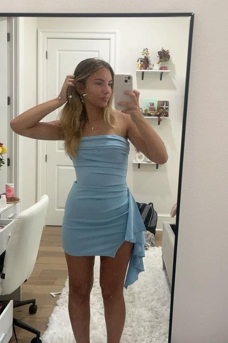 Elegant Strapless Blue Ruffle Bodycon Homecoming Dress