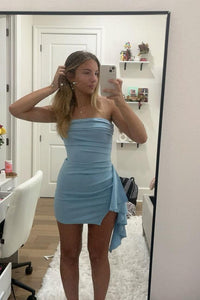 Elegant Strapless Blue Ruffle Bodycon Homecoming Dress