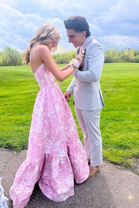 Elegant Sweetheart Blue Jacquard Satin A-Line Prom Dress