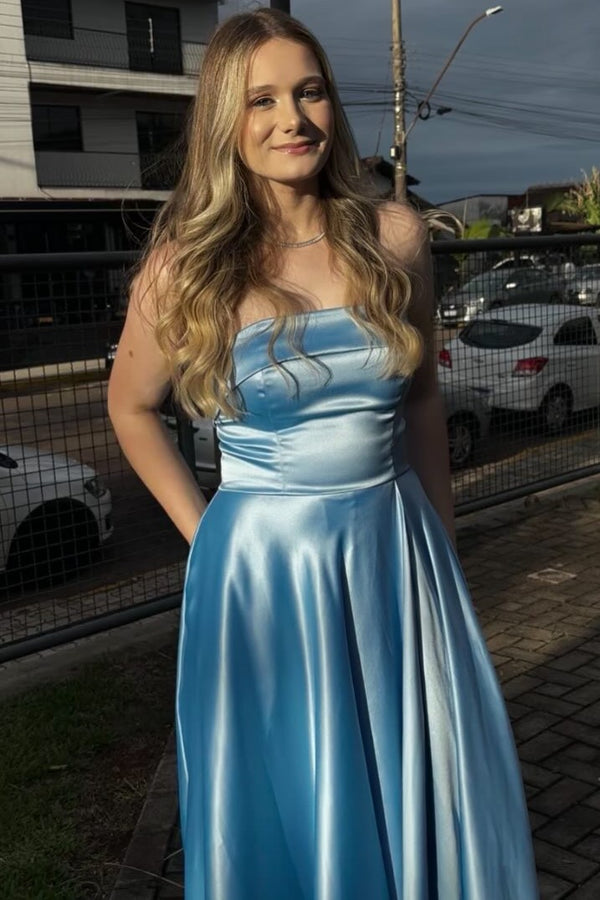 Yellow Strapless A-line High Slit Satin Prom Dress
