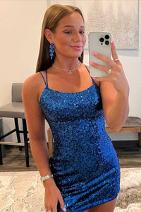 Glitter Double Straps Blue Sequin Tight Homecoming Dress