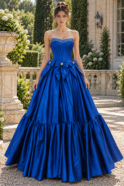 Black Strapless Beaded Ruffle Prom Dress with Bow