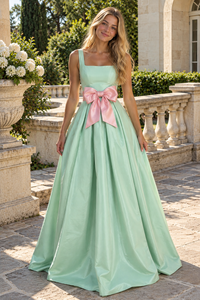 Straps Square A-Line Bow Empire Floor-Length Satin Party Prom Dress