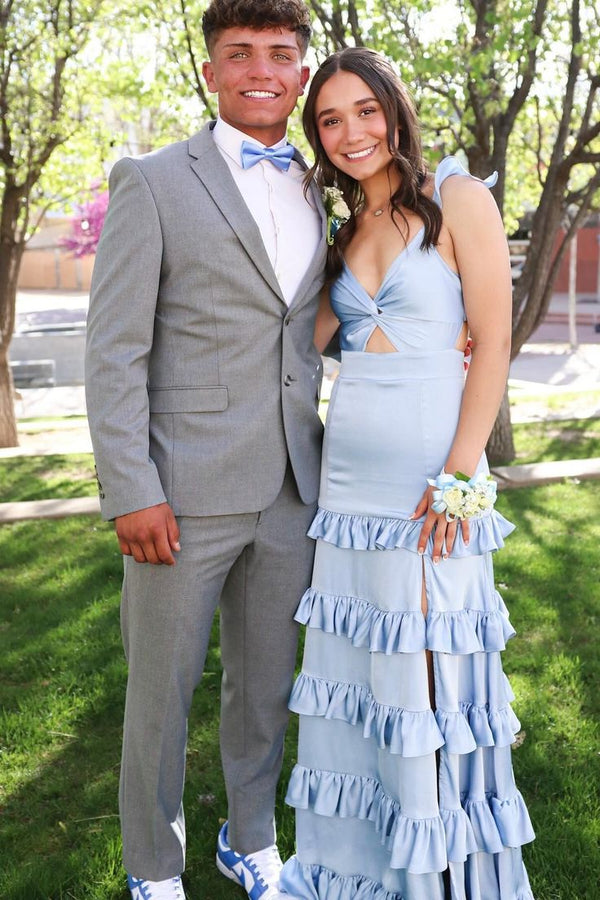 Straps Sage Keyhole Ruffle Long Prom Dress with Slit