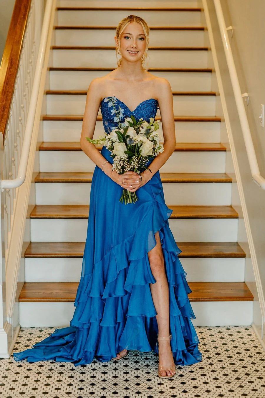 Sweetheart Applique Chiffon Ruffle Prom Dress with Slit FancyVestido Sweetheart Applique Chiffon Ruffle Prom Dress with Slit FancyVestido