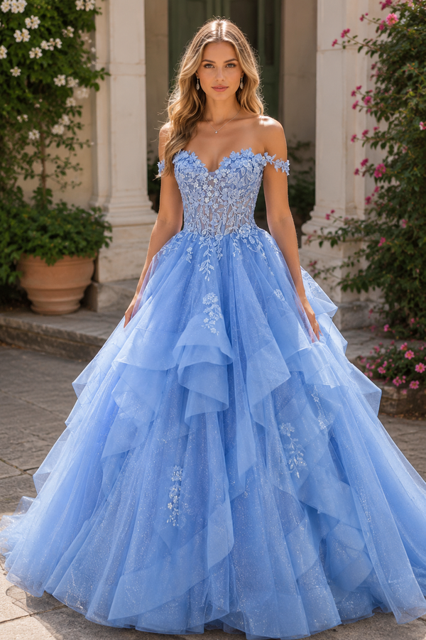 Sweetheart Lace Applique Layered Prom Dress with Off Shoudler
