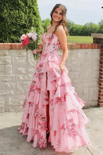Sweetheart A-Line Chiffon Floral Print Ruffle Prom Dress with Slit FancyVestido Sweetheart A-Line Chiffon Floral Print Ruffle Prom Dress with Slit FancyVestido