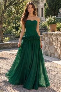 Dark Green Chiffon A-Line Strapless Pleated Ruffle Party Prom Dress