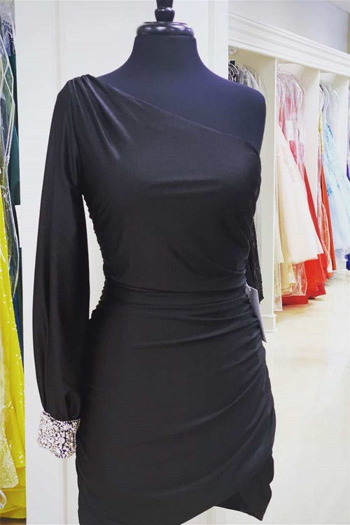 Short Hot Pink One Shoulder Long Sleeve Homecoming Dress