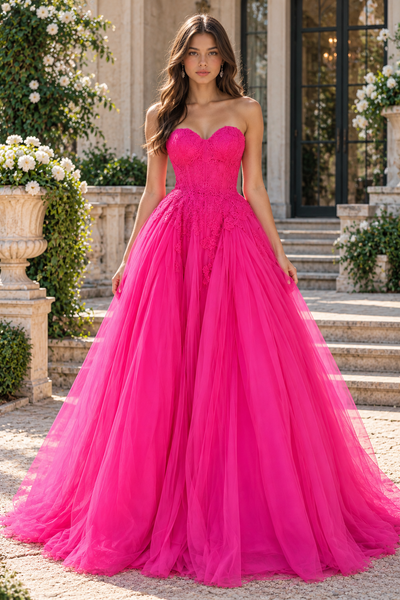 Hot Pink Sweetheart A-Line Long Party Dress with Appliques