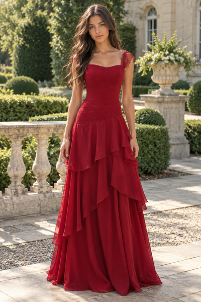 Red Chiffon A-Line Tiered Straps Maxi Party Prom Dress